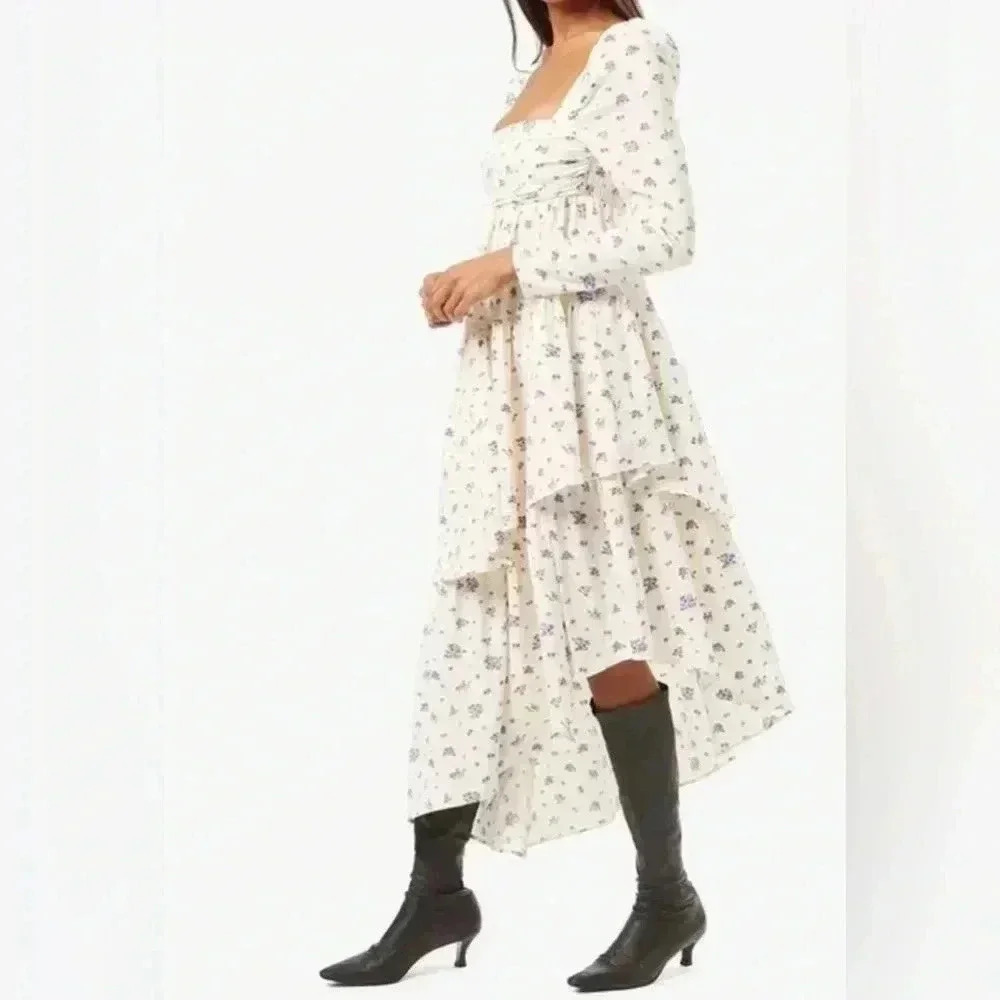 NNT We wore what puff sleeve asymmetrical tiered cream purple floral dress 6